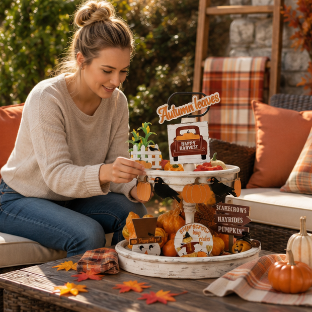 Fall Harvest Tiered Tray Decor Set – 10 Piece Thanksgiving Decoration Collection with Pumpkins, Crow Banner, Truck and Scarecrow Signs