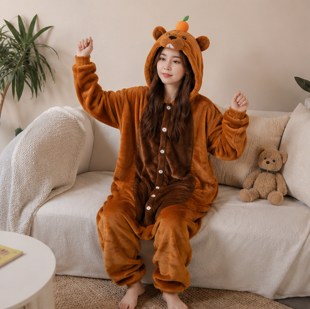 Capybara Flannel Onesie Costume-Cozy Hooded Sleepwear Jumpsuit for Kids Parties Cosplay and Comfortable Lounging
