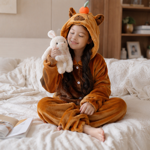 Capybara Flannel Onesie Costume-Cozy Hooded Sleepwear Jumpsuit for Kids Parties Cosplay and Comfortable Lounging