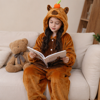 Capybara Flannel Onesie Costume-Cozy Hooded Sleepwear Jumpsuit for Kids Parties Cosplay and Comfortable Lounging