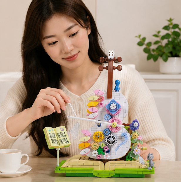 Flower Violin Building Blocks – Creative Assembly Toy for Girls and Decorative Display