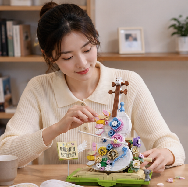 Flower Violin Building Blocks – Creative Assembly Toy for Girls and Decorative Display