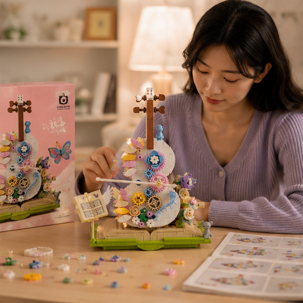 Flower Violin Building Blocks – Creative Assembly Toy for Girls and Decorative Display