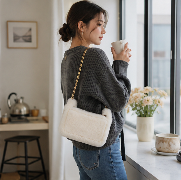 Fluffy Plush Shoulder Bag – Women's Soft Chain Underarm Handbag for Winter Fashion, Travel and Everyday Style
