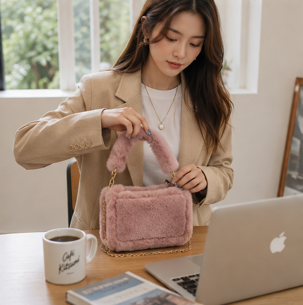 Fluffy Plush Shoulder Bag – Women's Soft Chain Underarm Handbag for Winter Fashion, Travel and Everyday Style