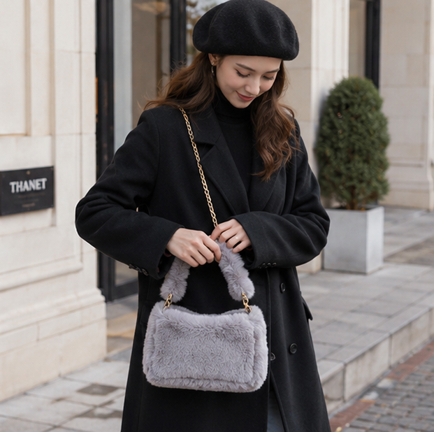Fluffy Plush Shoulder Bag – Women's Soft Chain Underarm Handbag for Winter Fashion, Travel and Everyday Style