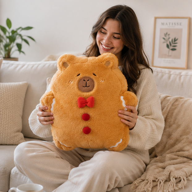 Gingerbread Bear Plush Pillow – Super Soft Christmas Cushion for Cozy Home Decor, Kids Gifts and Holiday Comfort