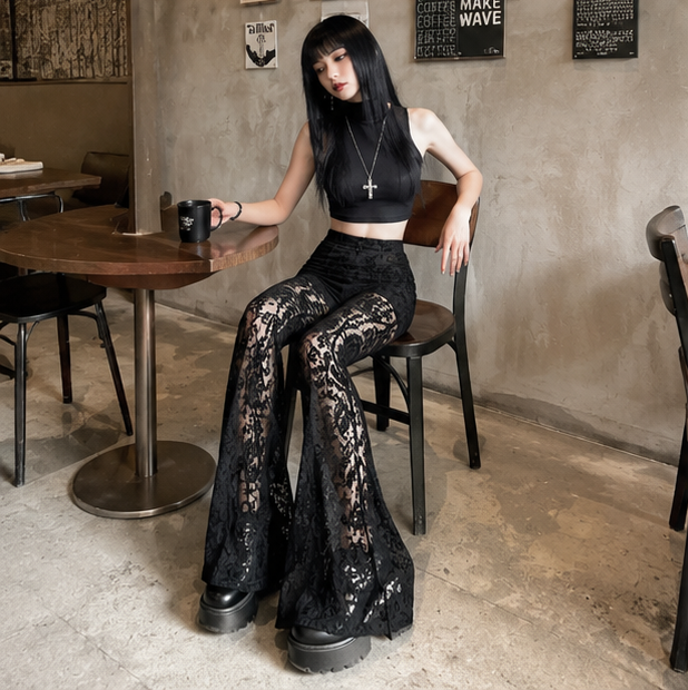 Gothic Mesh Flare Pants - High Waist See Through Lace Trousers for Women, Fairy Grunge Fashion and Alternative Streetwear