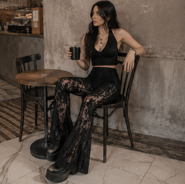 Gothic Mesh Flare Pants - High Waist See Through Lace Trousers for Women, Fairy Grunge Fashion and Alternative Streetwear