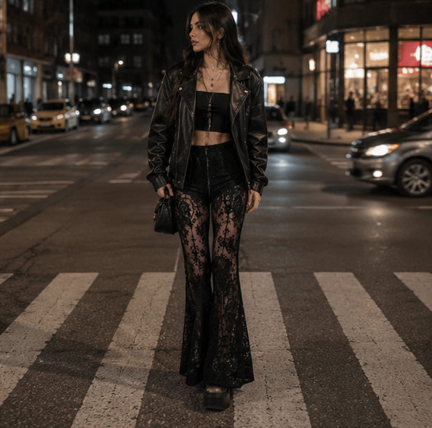 Gothic Mesh Flare Pants - High Waist See Through Lace Trousers for Women, Fairy Grunge Fashion and Alternative Streetwear