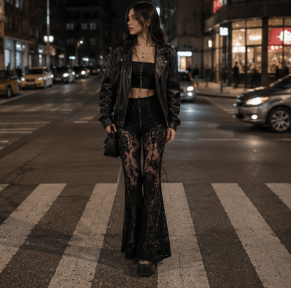 Gothic Mesh Flare Pants - High Waist See Through Lace Trousers for Women, Fairy Grunge Fashion and Alternative Streetwear