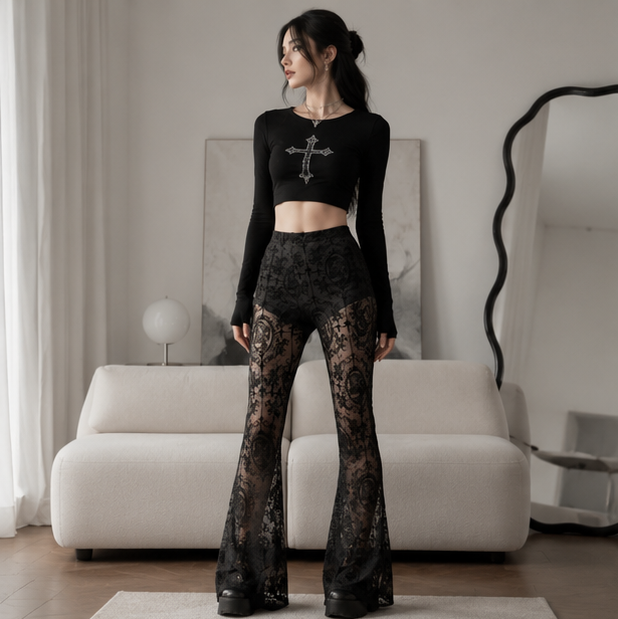 Gothic Mesh Flare Pants - High Waist See Through Lace Trousers for Women, Fairy Grunge Fashion and Alternative Streetwear