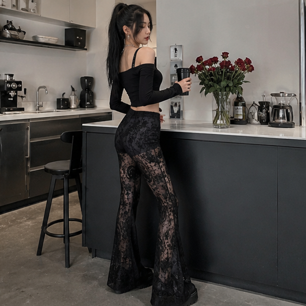 Gothic Mesh Flare Pants - High Waist See Through Lace Trousers for Women, Fairy Grunge Fashion and Alternative Streetwear