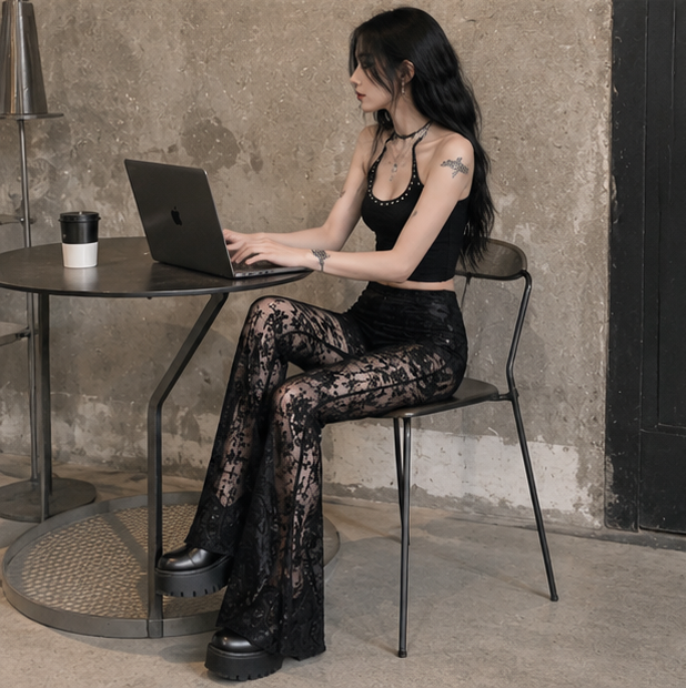 Gothic Mesh Flare Pants - High Waist See Through Lace Trousers for Women, Fairy Grunge Fashion and Alternative Streetwear