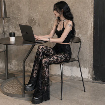 Gothic Mesh Flare Pants - High Waist See Through Lace Trousers for Women, Fairy Grunge Fashion and Alternative Streetwear
