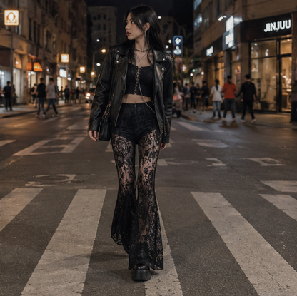 Gothic Mesh Flare Pants - High Waist See Through Lace Trousers for Women, Fairy Grunge Fashion and Alternative Streetwear