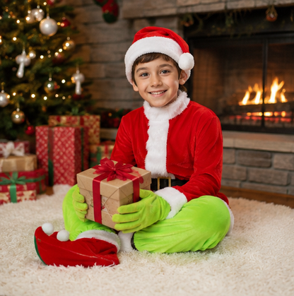 Green Monster Christmas Costume – Kids Holiday Outfit with Pants for Festive Cosplay