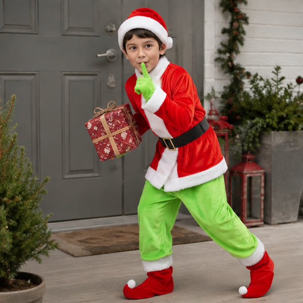 Green Monster Christmas Costume – Kids Holiday Outfit with Pants for Festive Cosplay