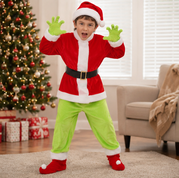 Green Monster Christmas Costume – Kids Holiday Outfit with Pants for Festive Cosplay