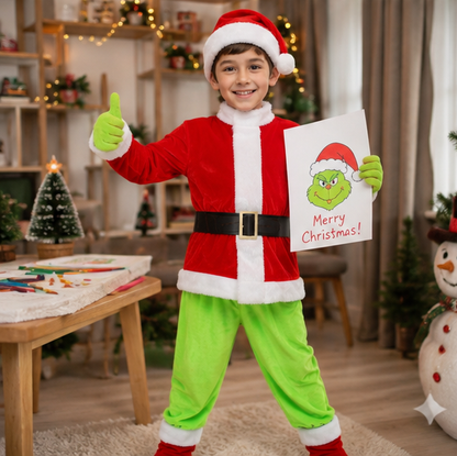 Green Monster Christmas Costume – Kids Holiday Outfit with Pants for Festive Cosplay