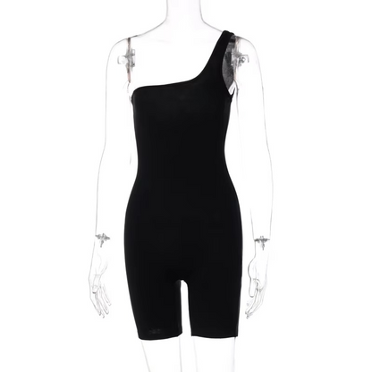Women’s One-Shoulder Playsuit – Sleeveless Solid Color Short Romper for Yoga, Fitness, Sports, Casual Wear and Summer Outfits