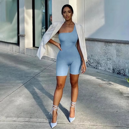 Women’s One-Shoulder Playsuit – Sleeveless Solid Color Short Romper for Yoga, Fitness, Sports, Casual Wear and Summer Outfits