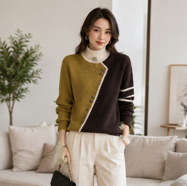 Half Turtleneck Knit Sweater – Women's Thick Long Sleeve Pullover for Cozy Autumn Winter Layering and Everyday Fashion