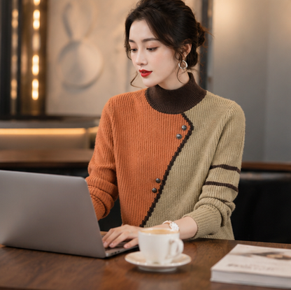 Half Turtleneck Knit Sweater – Women's Thick Long Sleeve Pullover for Cozy Autumn Winter Layering and Everyday Fashion