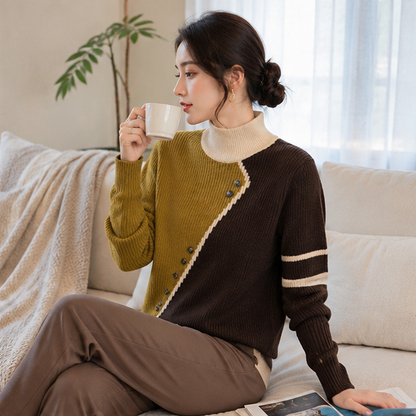 Half Turtleneck Knit Sweater – Women's Thick Long Sleeve Pullover for Cozy Autumn Winter Layering and Everyday Fashion