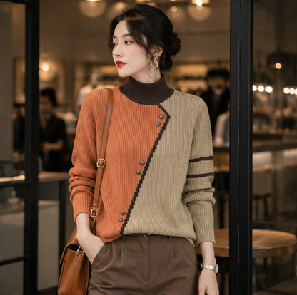Half Turtleneck Knit Sweater – Women's Thick Long Sleeve Pullover for Cozy Autumn Winter Layering and Everyday Fashion