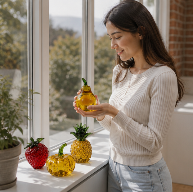 Hand Blown Glass Pineapple Figurine – Crystal Fruit Collectible Ornament for Kitchen, Office, Living Room and Elegant Home Decor