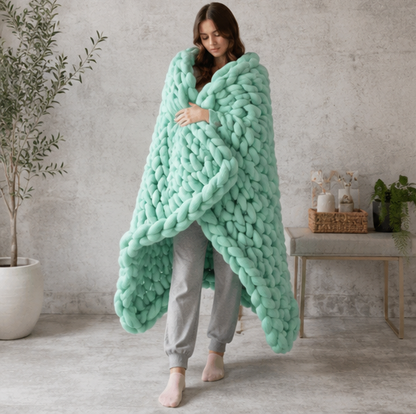 Handmade Chunky Knit Blanket - Thick Wool Throw for Bedroom Decor, Sofa Styling and Cozy Comfort
