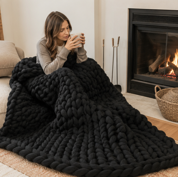 Handmade Chunky Knit Blanket - Thick Wool Throw for Bedroom Decor, Sofa Styling and Cozy Comfort