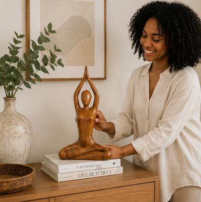 Handmade Yoga Girl Wooden Sculpture - Meditation Pose Statue for Home Decor, Wellness Spaces and Gifts