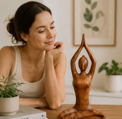 Handmade Yoga Girl Wooden Sculpture - Meditation Pose Statue for Home Decor, Wellness Spaces and Gifts