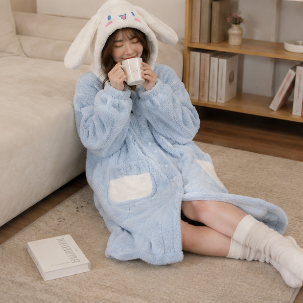 Hello Kitty Fleece Pajama Robe - Kawaii Anime Sleepwear with Plush Comfort for Winter Nights