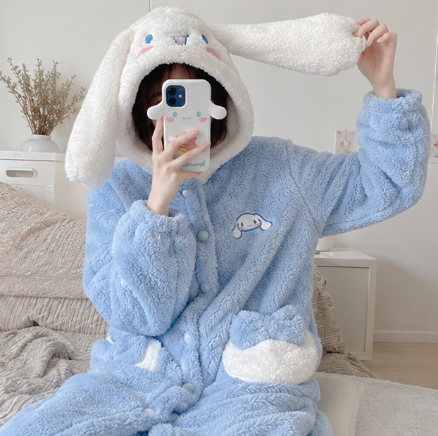 Hello Kitty Fleece Pajama Robe - Kawaii Anime Sleepwear with Plush Comfort for Winter Nights