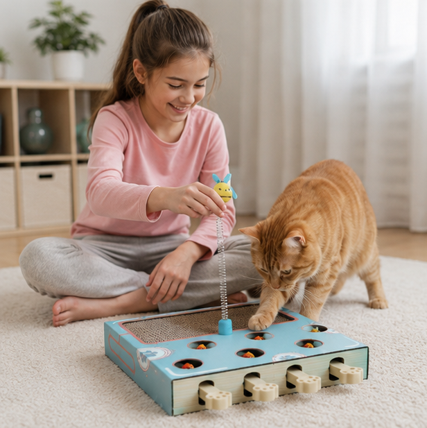 Interactive Whack a Mole Cat Toy – Scratching Board and Claw Grinder for Fun Indoor Cat Enrichment