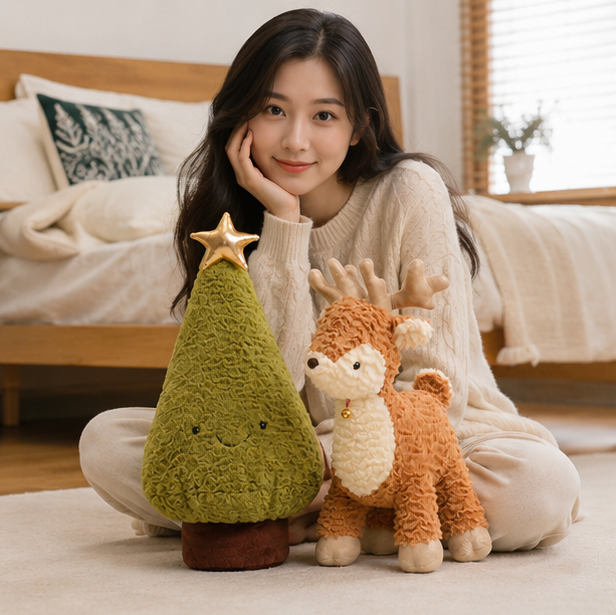 Kawaii Christmas Plush Tree and Elk Doll – Soft Holiday Stuffed Toy for Home Decor and Kids Gifts
