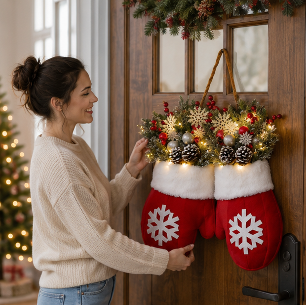 LED Christmas Glove Wreath – Lighted Holiday Door Garland Decoration for Walls, Entryways and Festive Home Displays