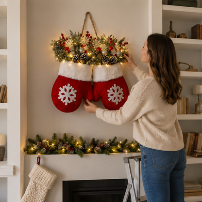 LED Christmas Glove Wreath – Lighted Holiday Door Garland Decoration for Walls, Entryways and Festive Home Displays
