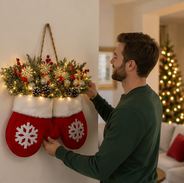 LED Christmas Glove Wreath – Lighted Holiday Door Garland Decoration for Walls, Entryways and Festive Home Displays