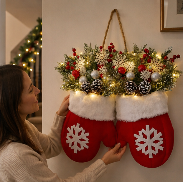LED Christmas Glove Wreath – Lighted Holiday Door Garland Decoration for Walls, Entryways and Festive Home Displays