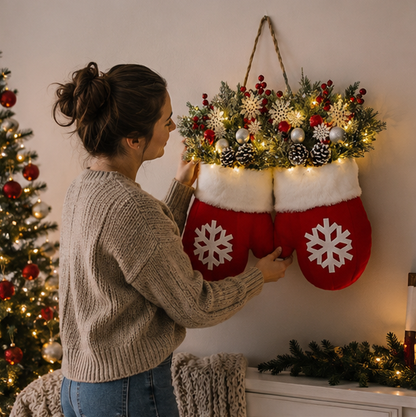 LED Christmas Glove Wreath – Lighted Holiday Door Garland Decoration for Walls, Entryways and Festive Home Displays