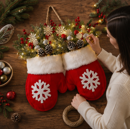 LED Christmas Glove Wreath – Lighted Holiday Door Garland Decoration for Walls, Entryways and Festive Home Displays