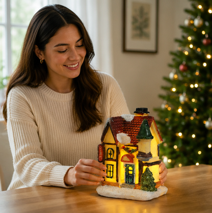 LED Christmas Village House – Resin Miniature Light Up Holiday Decoration for Cozy Tabletop Displays, Christmas Villages and Seasonal Home Ambience