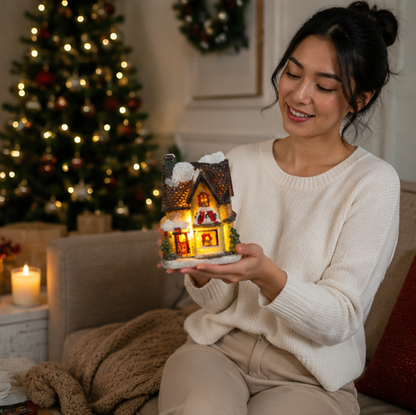 LED Christmas Village House – Resin Miniature Light Up Holiday Decoration for Cozy Tabletop Displays, Christmas Villages and Seasonal Home Ambience