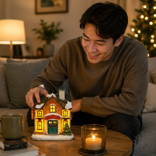 LED Christmas Village House – Resin Miniature Light Up Holiday Decoration for Cozy Tabletop Displays, Christmas Villages and Seasonal Home Ambience