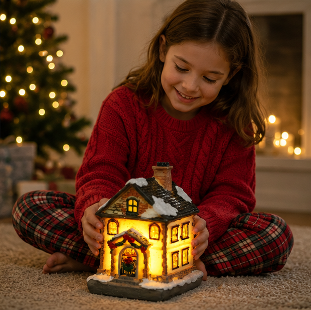 LED Christmas Village House – Resin Miniature Light Up Holiday Decoration for Cozy Tabletop Displays, Christmas Villages and Seasonal Home Ambience