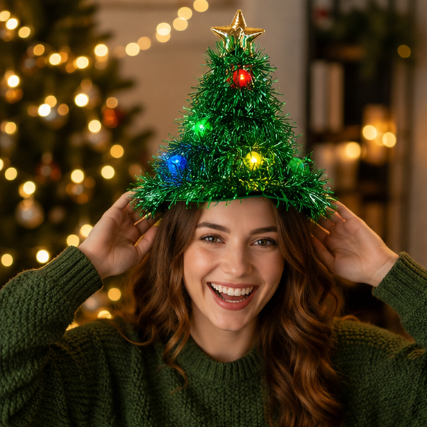 LED Light Up Santa Hat – Glowing Christmas Tree Ribbon Cap for Holiday Parties, Costumes, Photos and Festive Celebrations